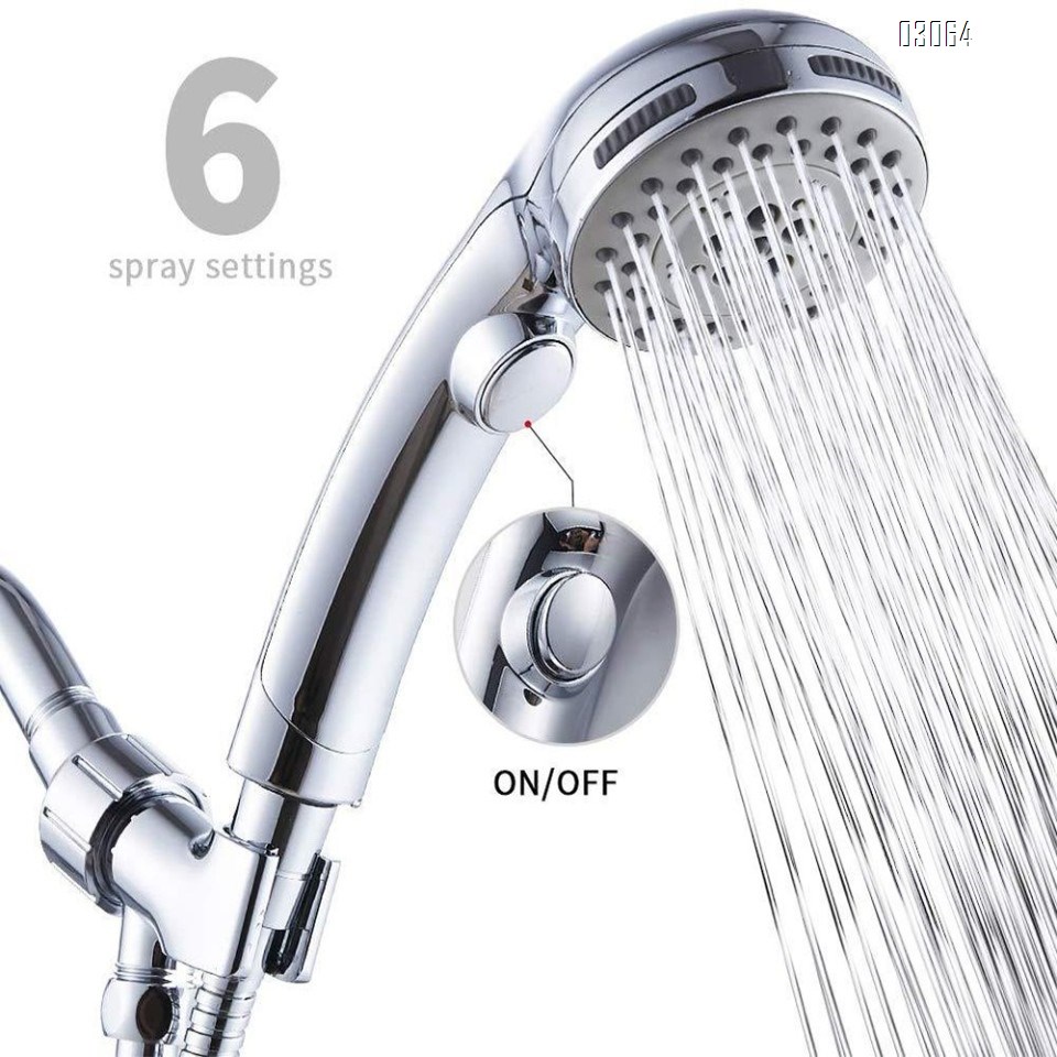 High Pressure 6 Setting Shower Head Hand-Held with ON/OFF Switch Water Saving Shower Head with Holder and Stainless Hose