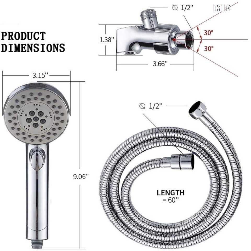 High Pressure 6 Setting Shower Head Hand-Held with ON/OFF Switch Water Saving Shower Head with Holder and Stainless Hose