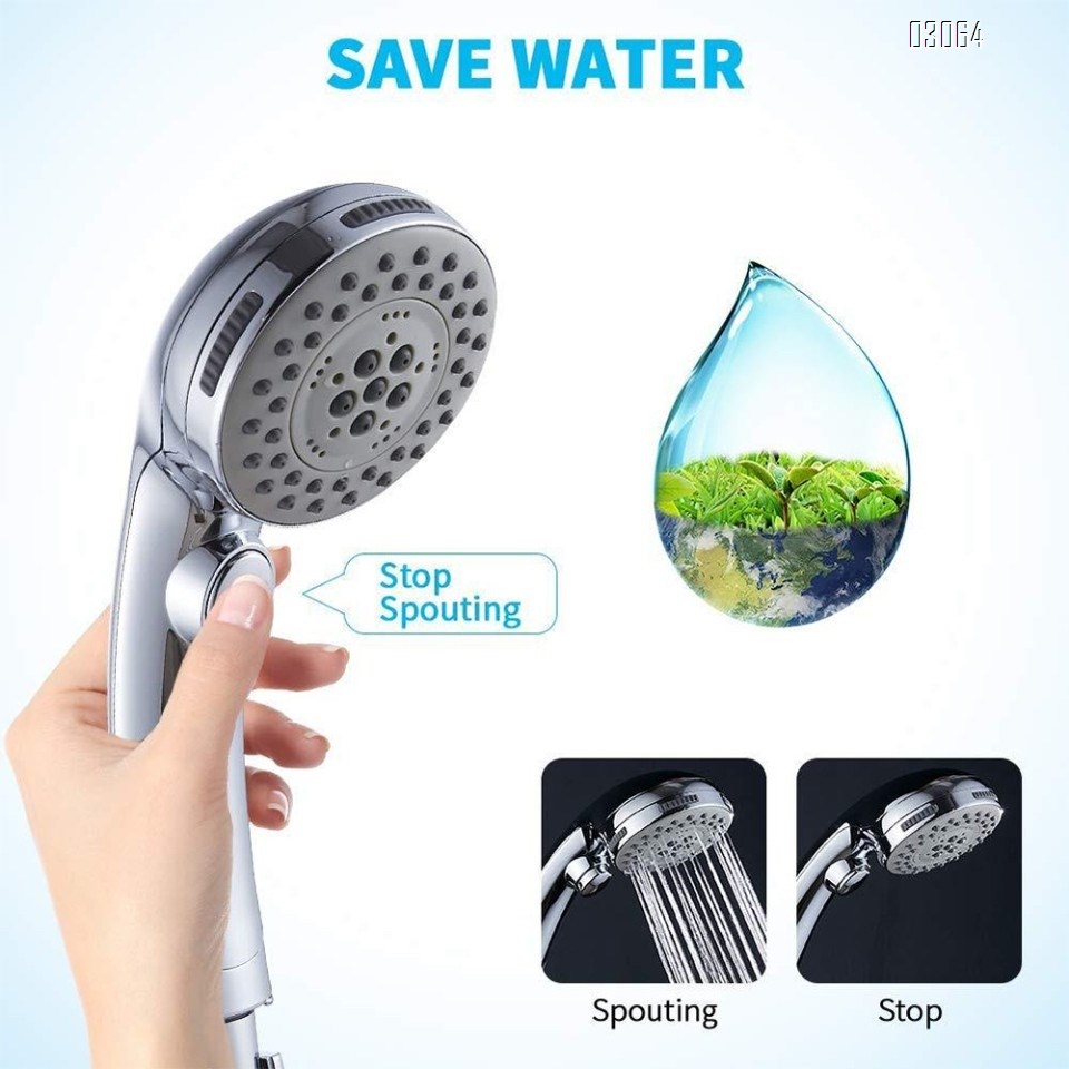 High Pressure 6 Setting Shower Head Hand-Held with ON/OFF Switch Water Saving Shower Head with Holder and Stainless Hose