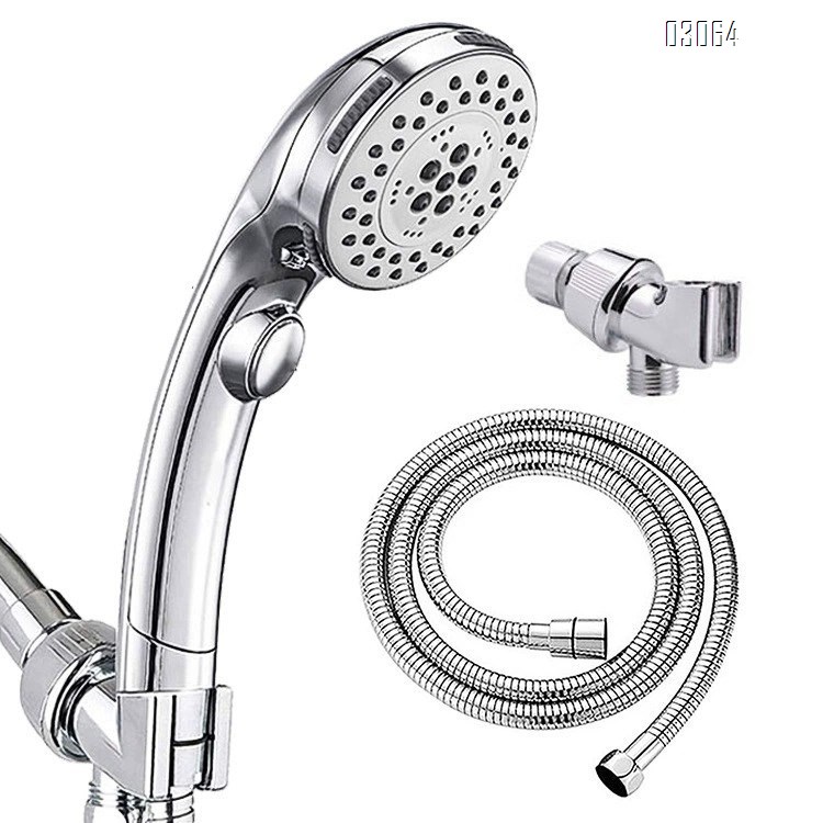 High Pressure 6 Setting Shower Head Hand-Held with ON/OFF Switch Water Saving Shower Head with Holder and Stainless Hose