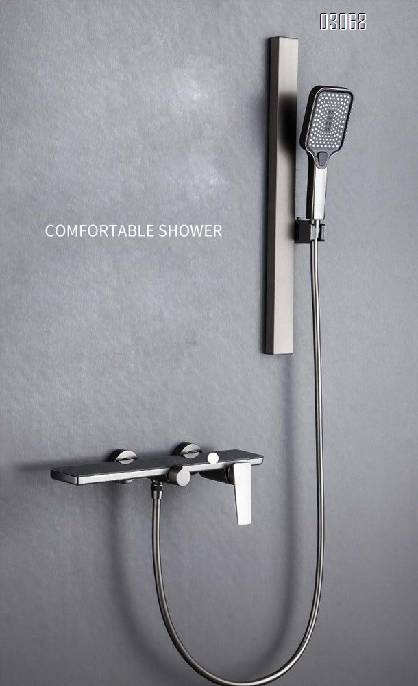 Gun Grey Secondary shower set light luxury style cold and hot faucet home use all Brass hotel43cm long storage shelf shower faucet