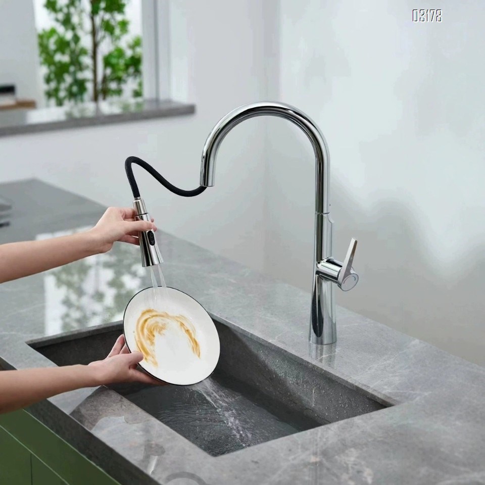 Stainless Steel kitchen faucet with large bend pull-down faucet with brushed sink cold and hot faucet for home use