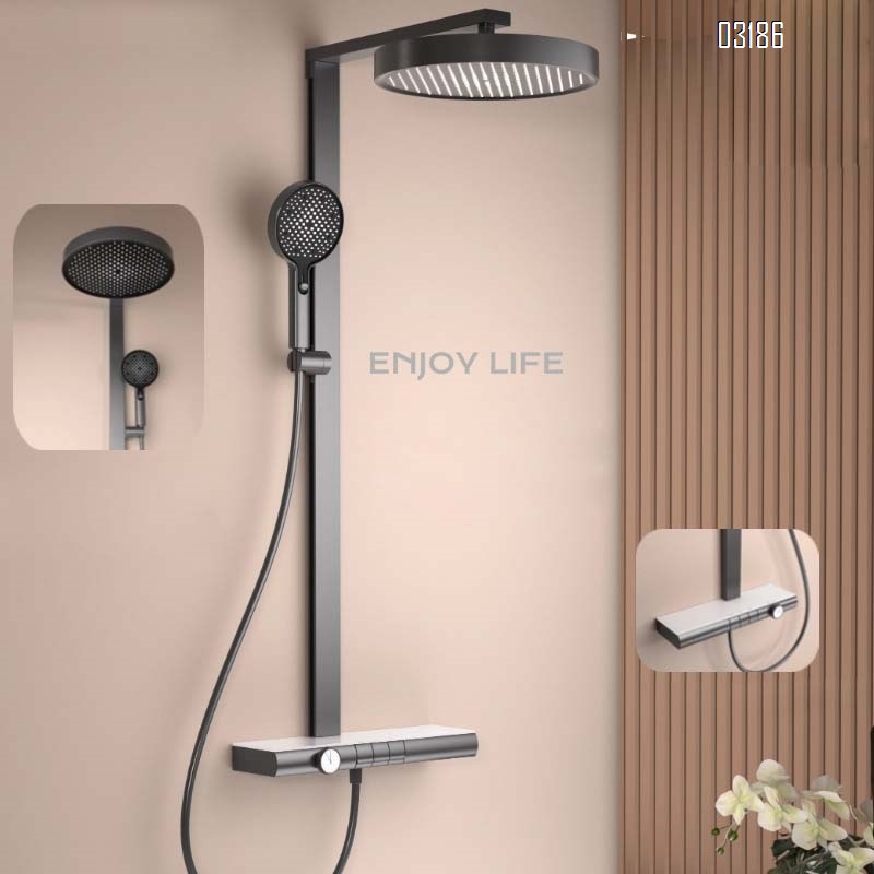 Gun Grey full Brass storage platform with temperature display button shower head set multifunctional pressure increasing for hotel and home use