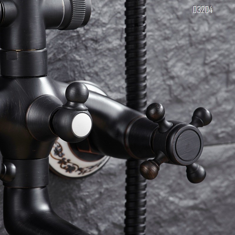 Black Ancient Flower Shower Full Brass Cold and Hot Mixing Valve Shower Shower Set Temperature-Constant Lifting Rotating Shower Set