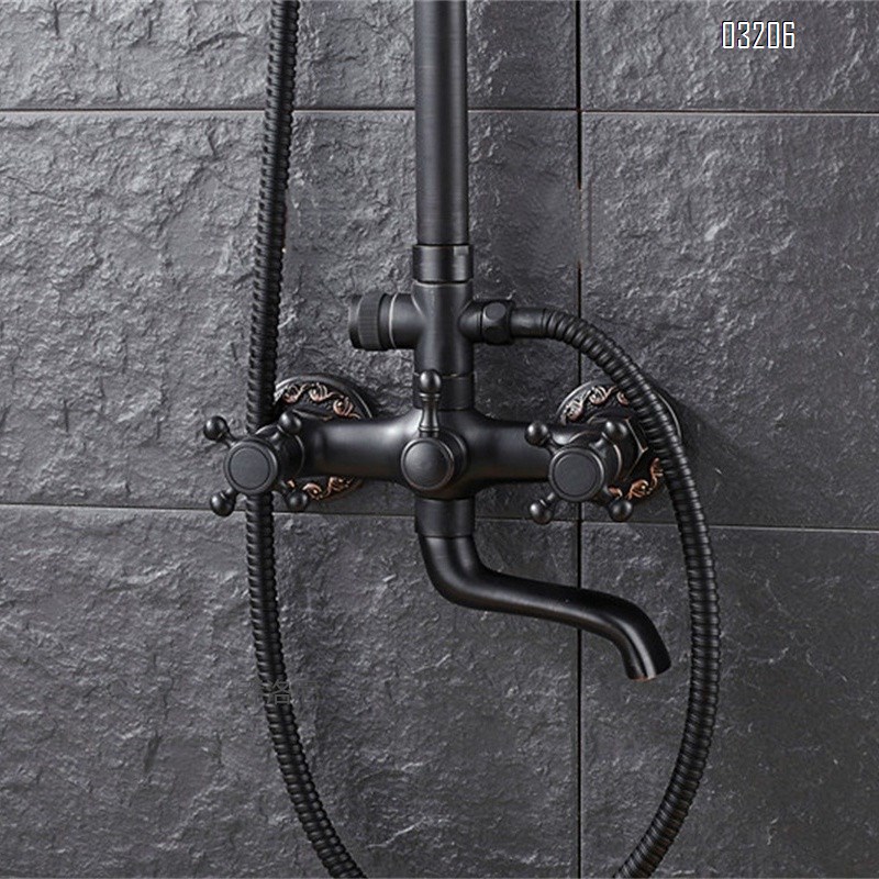 Black Brass Two-Speed Handheld Shower Head Set Adjustable  Temperature-Constant Lifting Rotating Shower Spray