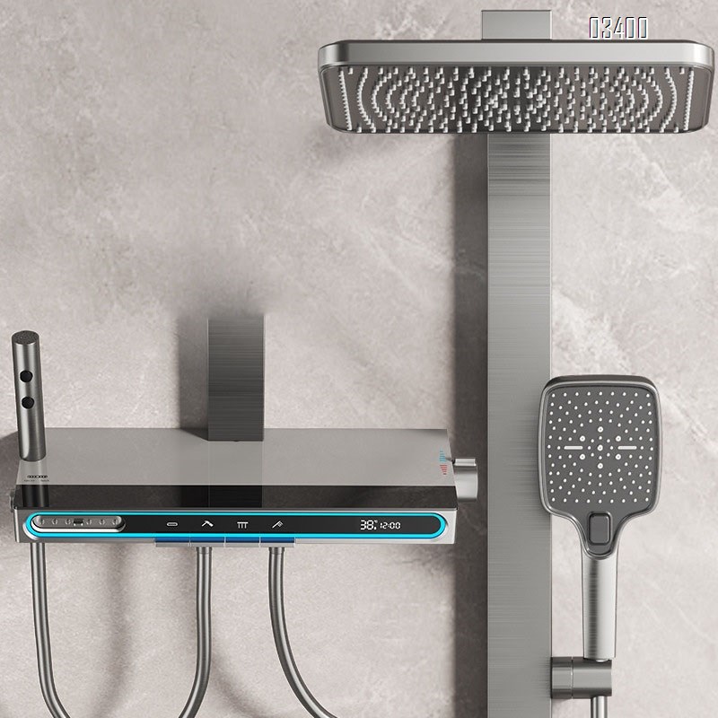 Modern thermostatic shower set full Brass home bathroom gunmetal grey rain shower pressure wash head