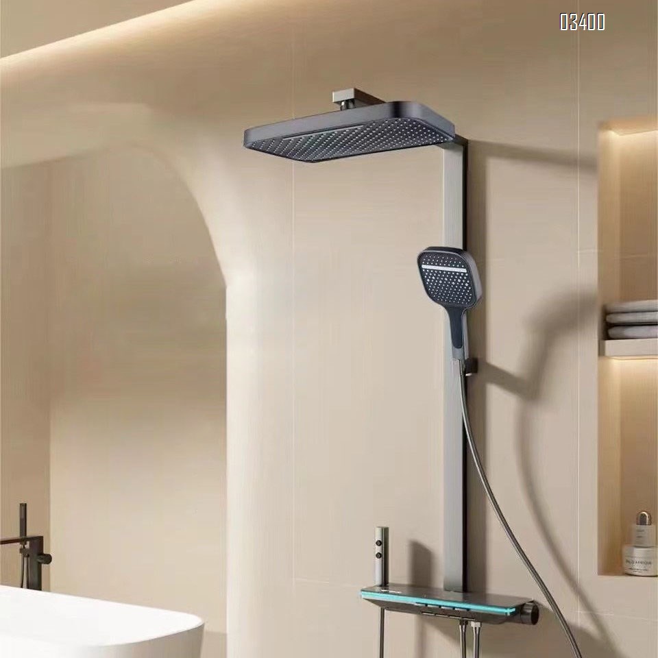 Modern thermostatic shower set full Brass home bathroom gunmetal grey rain shower pressure wash head