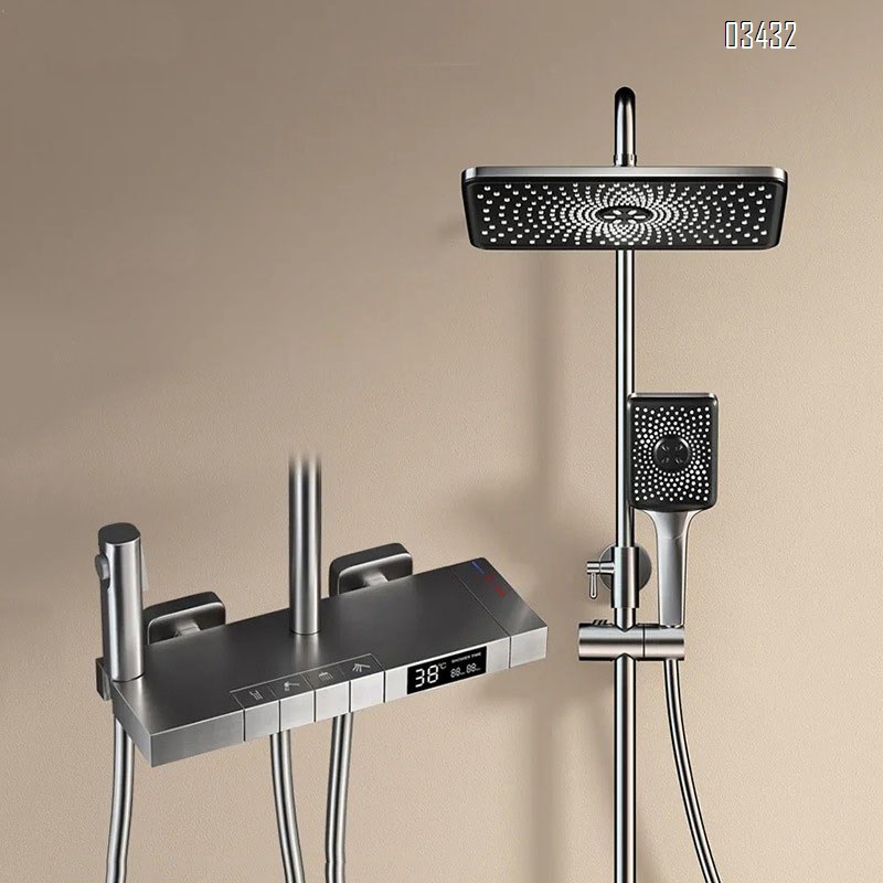 Themostatic Brass home bathroom shower head set with Gun grey piano key riser and pressure and temperature control shower head