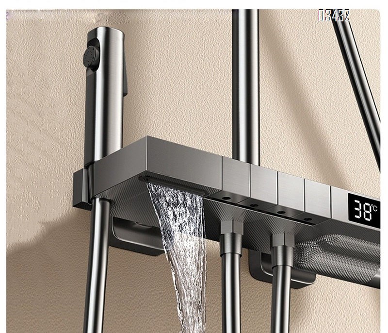 Themostatic Brass home bathroom shower head set with Gun grey piano key riser and pressure and temperature control shower head