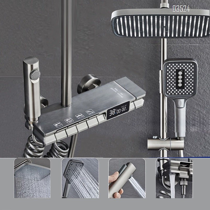 New digital display atmosphere light shower hidden installation shower head set water-plated gray shower head shower a complete set