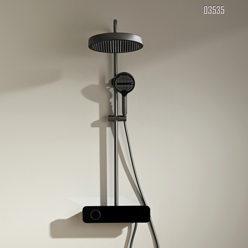 Gun gray digital shower head faucet set with home bathroom pressure increase and large spray head and storage shelf