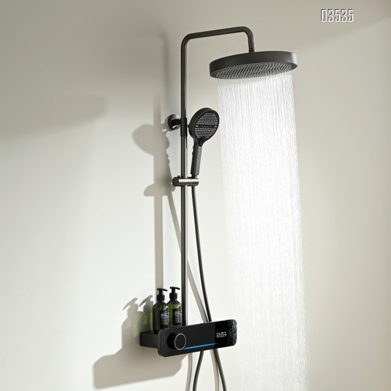 Gun gray digital shower head faucet set with home bathroom pressure increase and large spray head and storage shelf