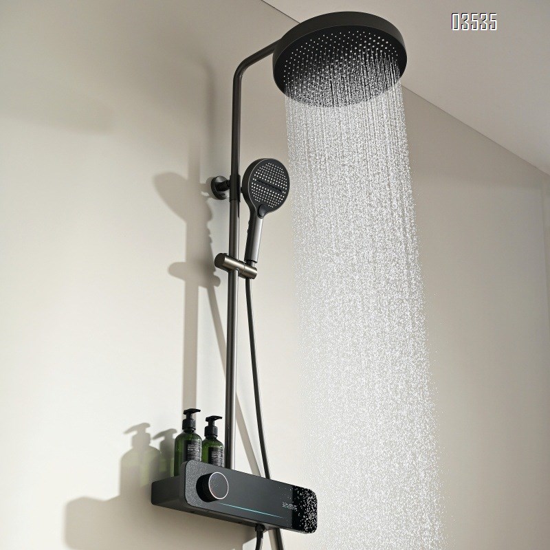 Gun gray digital shower head faucet set with home bathroom pressure increase and large spray head and storage shelf