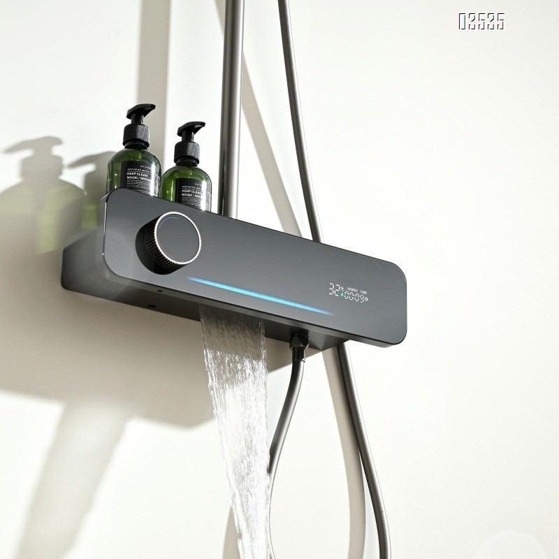 Gun gray digital shower head faucet set with home bathroom pressure increase and large spray head and storage shelf