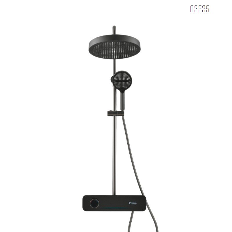 Gun gray digital shower head faucet set with home bathroom pressure increase and large spray head and storage shelf