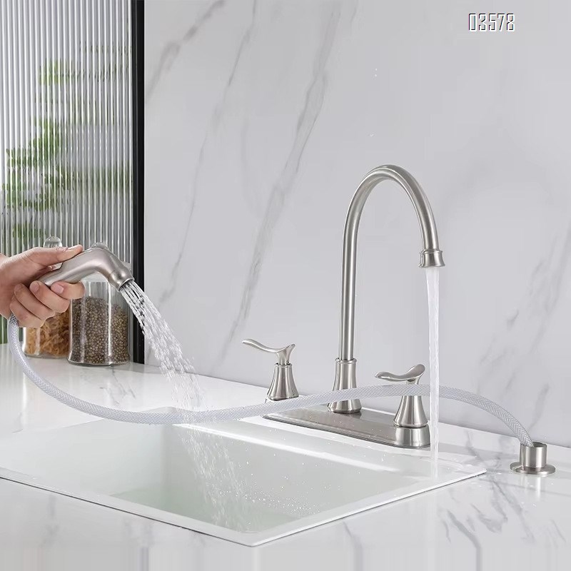 2-hole Faucet Modern Deck Mounted Faucet Side Spray For Kitchen And Bathroom Hot And Cold Water Dual Handle Contemporary Brushed Finish Faucet 2-hole Kitchen Faucet