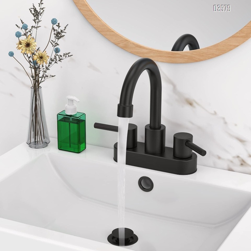 Modern 2-Hole Deck Mounted Faucet Black Brass Dual Handle for Hot & Cold Water Spot-Resist Finish with Drainer