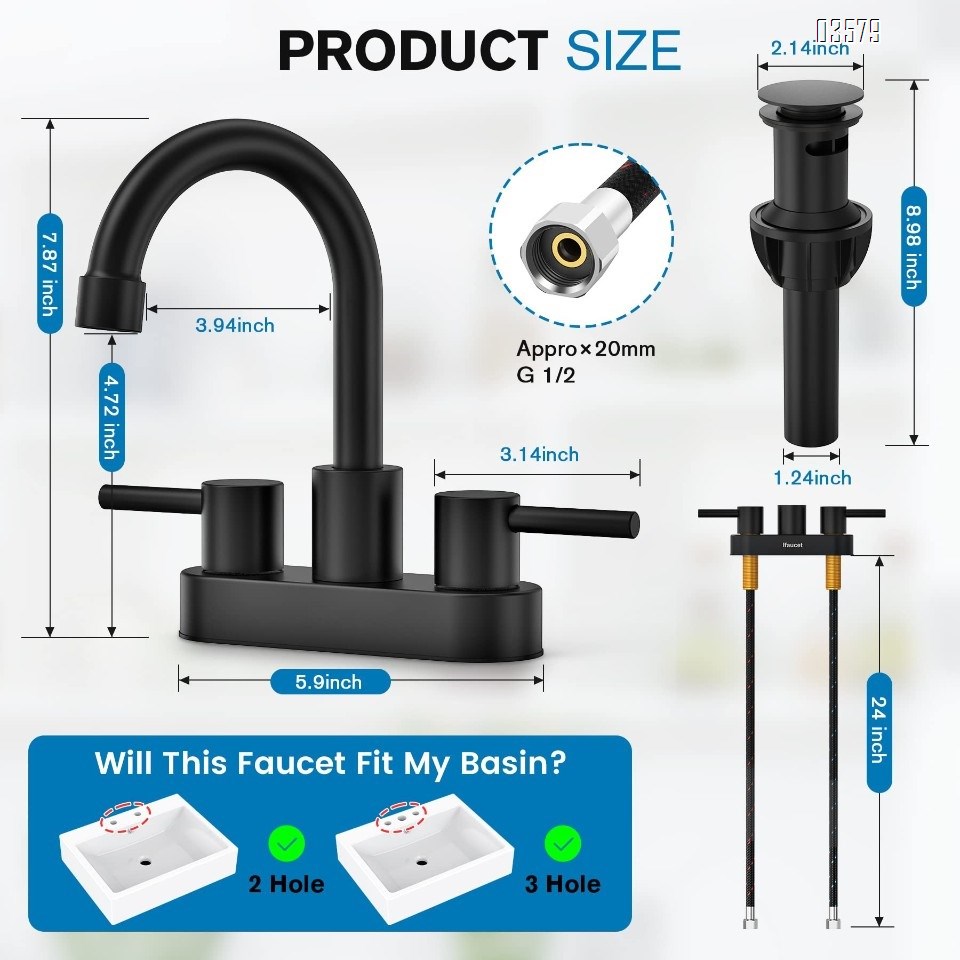 Modern 2-Hole Deck Mounted Faucet Black Brass Dual Handle for Hot & Cold Water Spot-Resist Finish with Drainer