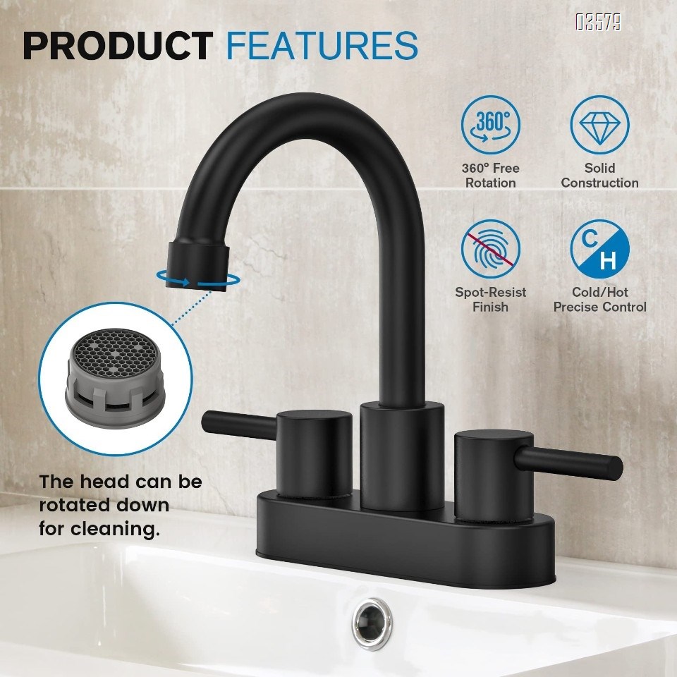 Modern 2-Hole Deck Mounted Faucet Black Brass Dual Handle for Hot & Cold Water Spot-Resist Finish with Drainer