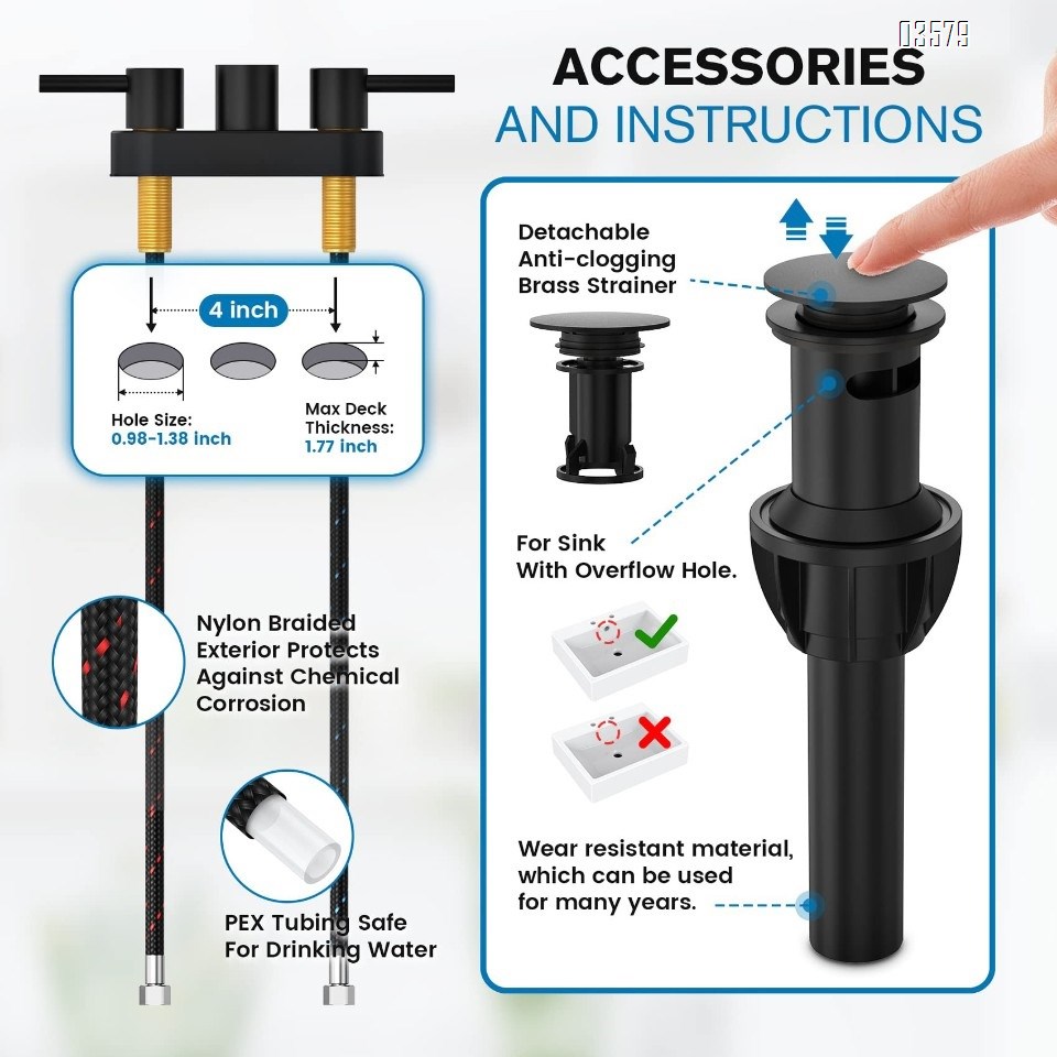 Modern 2-Hole Deck Mounted Faucet Black Brass Dual Handle for Hot & Cold Water Spot-Resist Finish with Drainer