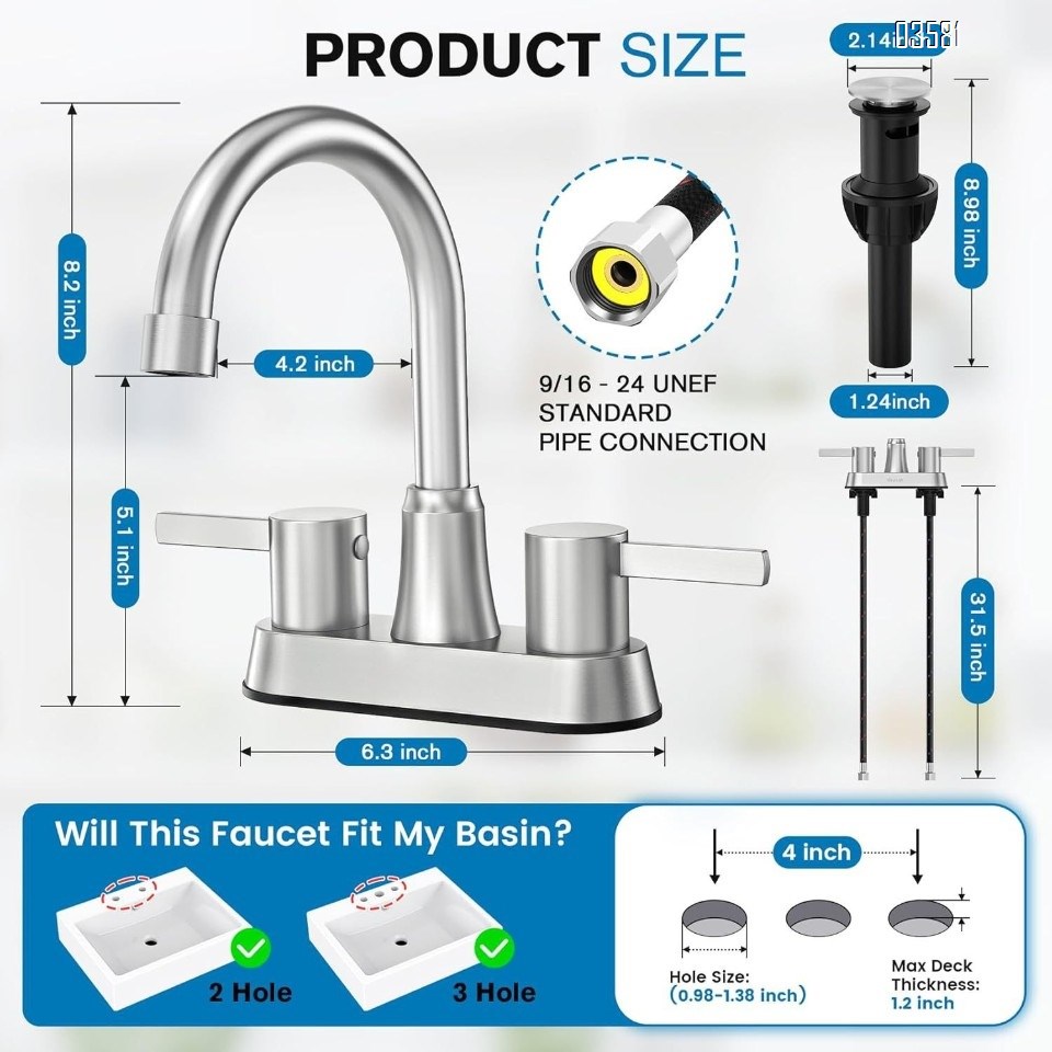 Dual Handle Bathroom Sink Faucet Basin Mixer With  Drain Stopper Brushed Nickle 3-hole  Basin Faucet