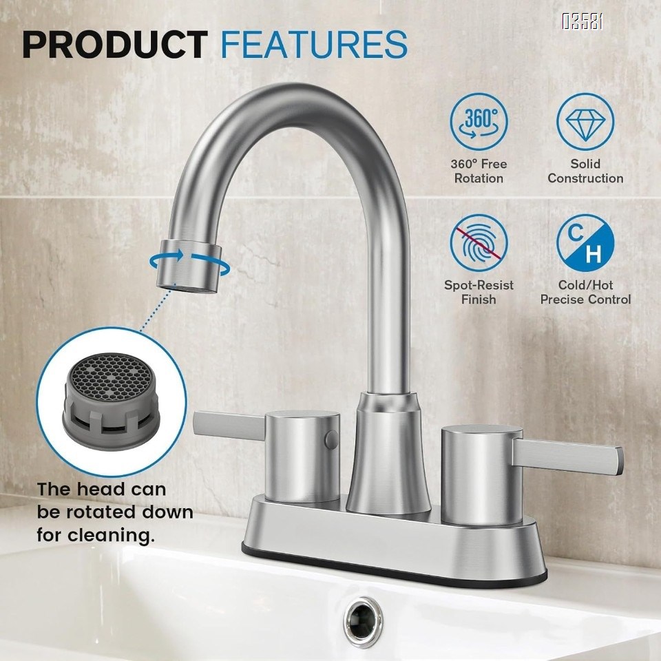 Dual Handle Bathroom Sink Faucet Basin Mixer With  Drain Stopper Brushed Nickle 3-hole  Basin Faucet
