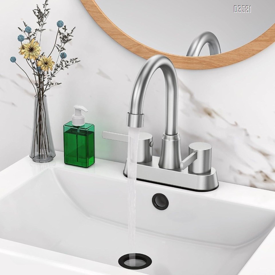 Dual Handle Bathroom Sink Faucet Basin Mixer With  Drain Stopper Brushed Nickle 3-hole  Basin Faucet