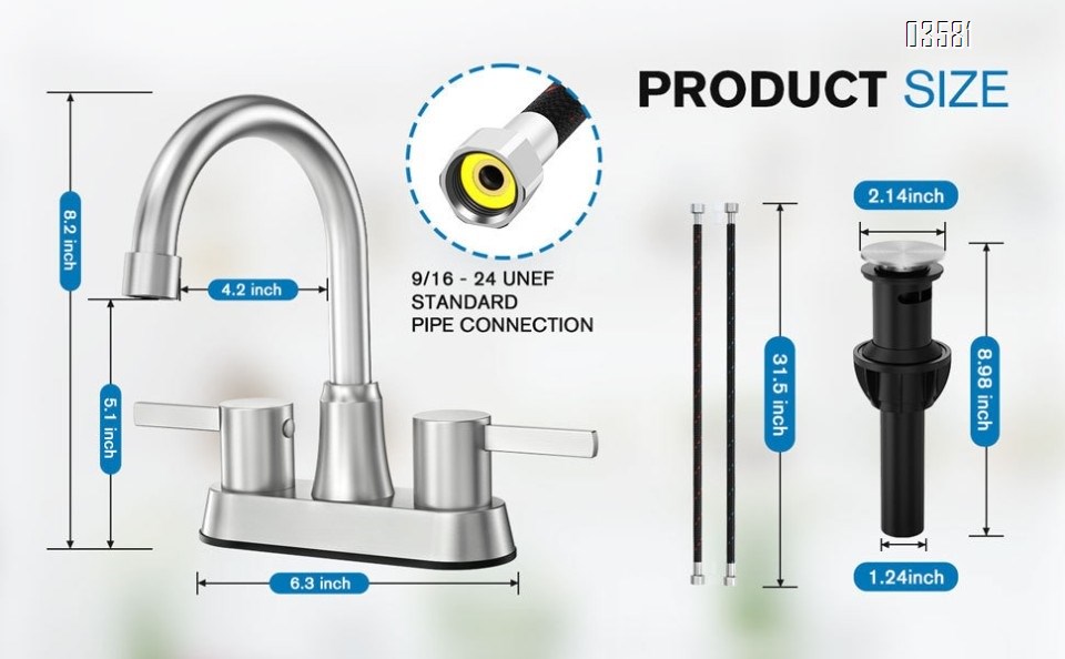 Dual Handle Bathroom Sink Faucet Basin Mixer With  Drain Stopper Brushed Nickle 3-hole  Basin Faucet