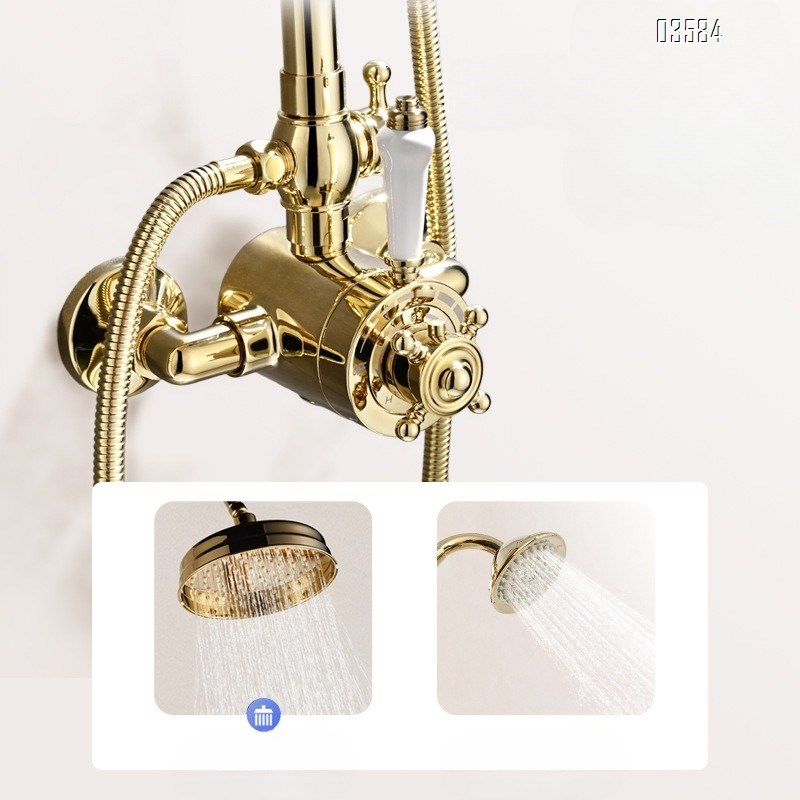European Luxury Gold Retro Thermostatic Shower Head Set for Home Use Adjustable Brass Tap