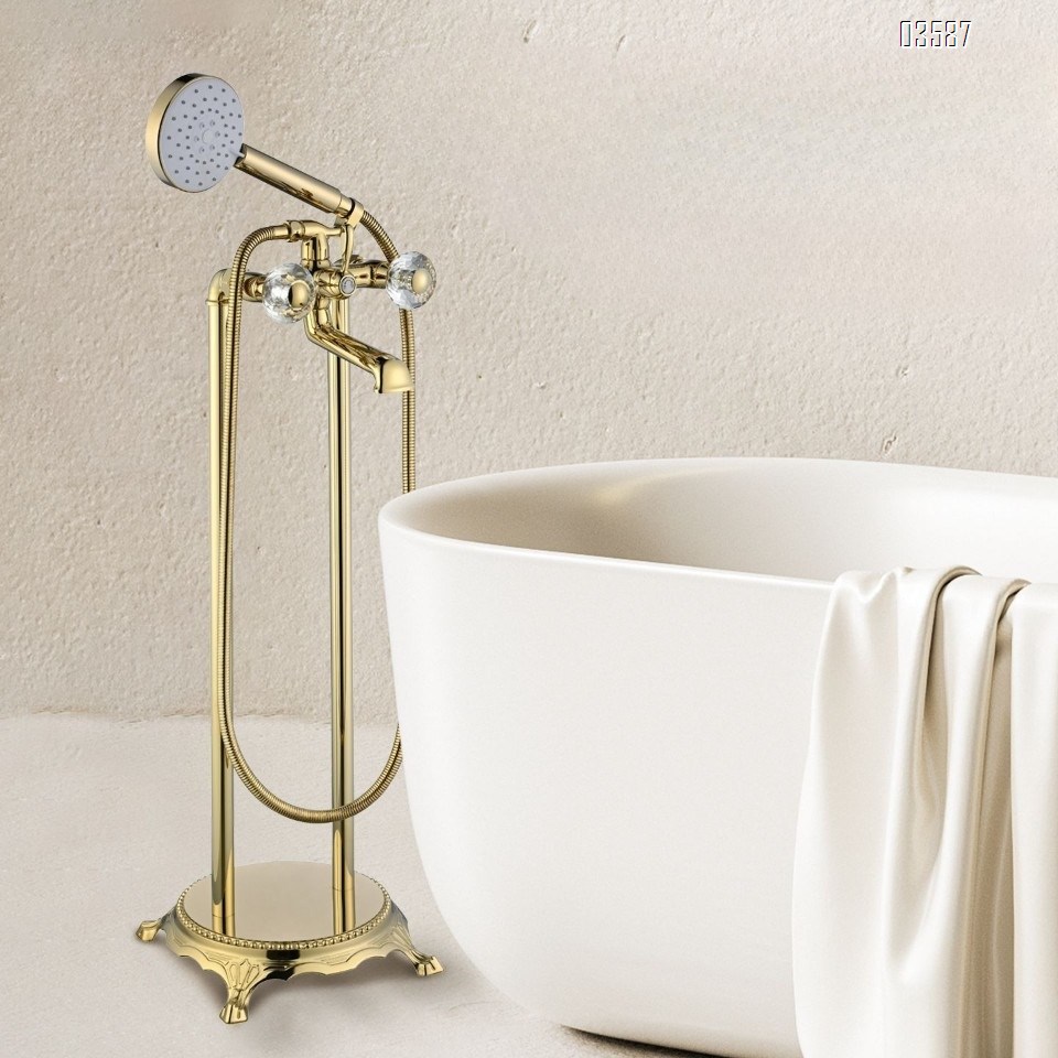 Brass Floor-Standing Freestanding Hot and Cold Water Bathtub Faucet Wooden Side Standing Shower Faucet Tap