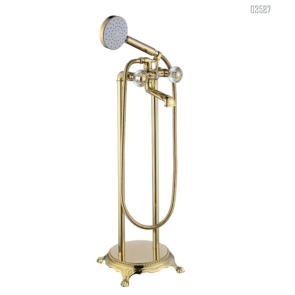 Brass Floor-Standing Freestanding Hot and Cold Water Bathtub Faucet Wooden Side Standing Shower Faucet Tap