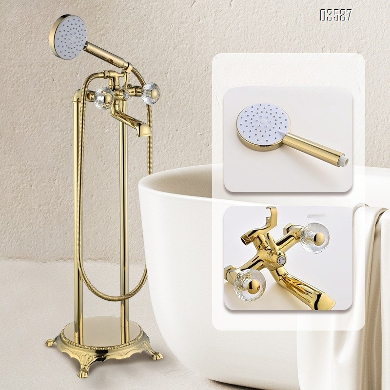 Brass Floor-Standing Freestanding Hot and Cold Water Bathtub Faucet Wooden Side Standing Shower Faucet Tap