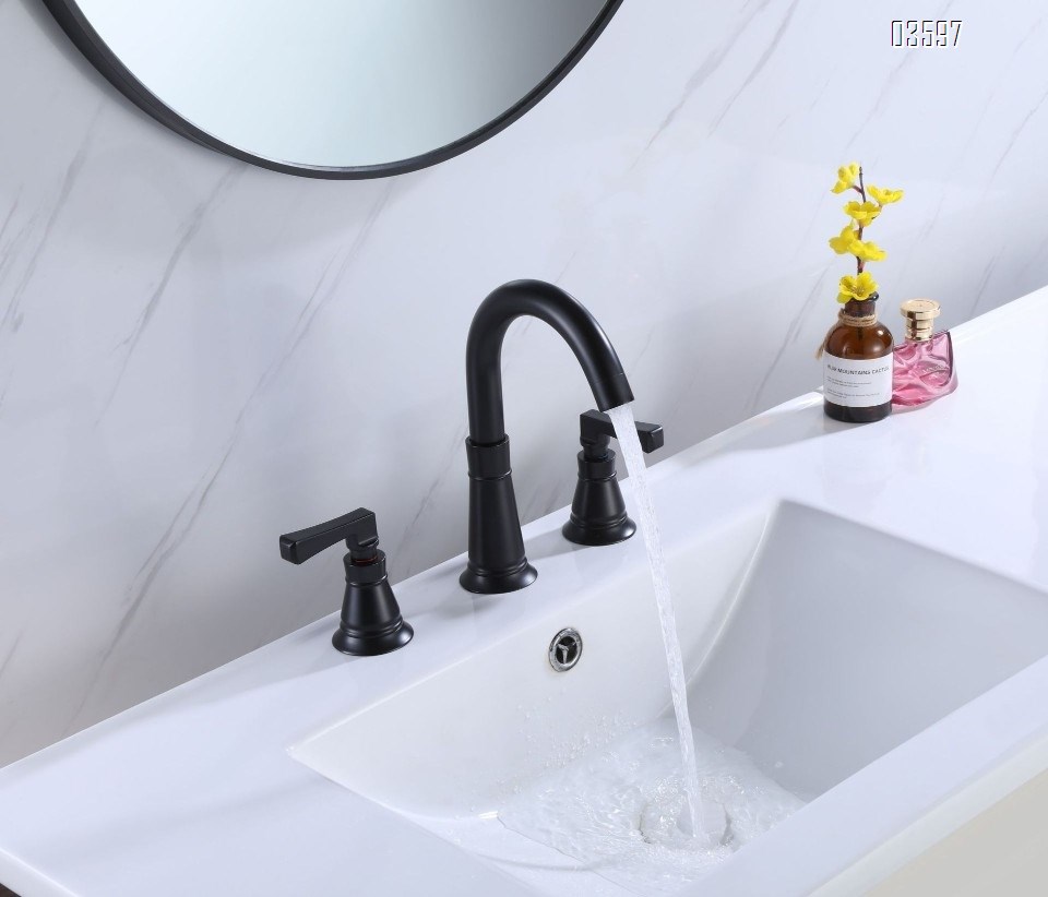 Modern Design Two Handles Black Bathroom Faucet with Supply Hose 3-Hole Basin Faucet with Brass Valve Core for Sink