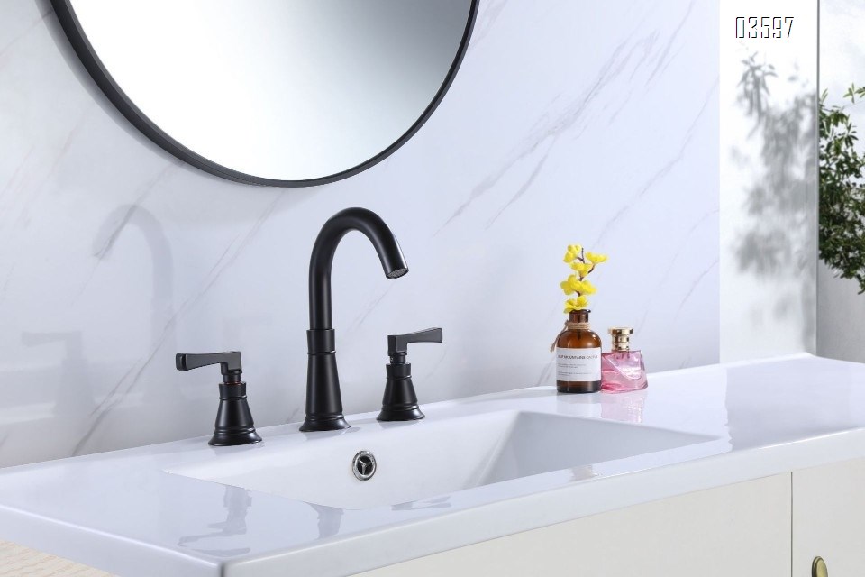 Modern Design Two Handles Black Bathroom Faucet with Supply Hose 3-Hole Basin Faucet with Brass Valve Core for Sink