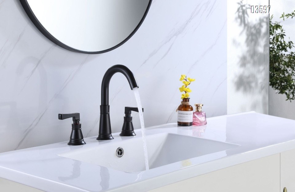 Modern Design Two Handles Black Bathroom Faucet with Supply Hose 3-Hole Basin Faucet with Brass Valve Core for Sink