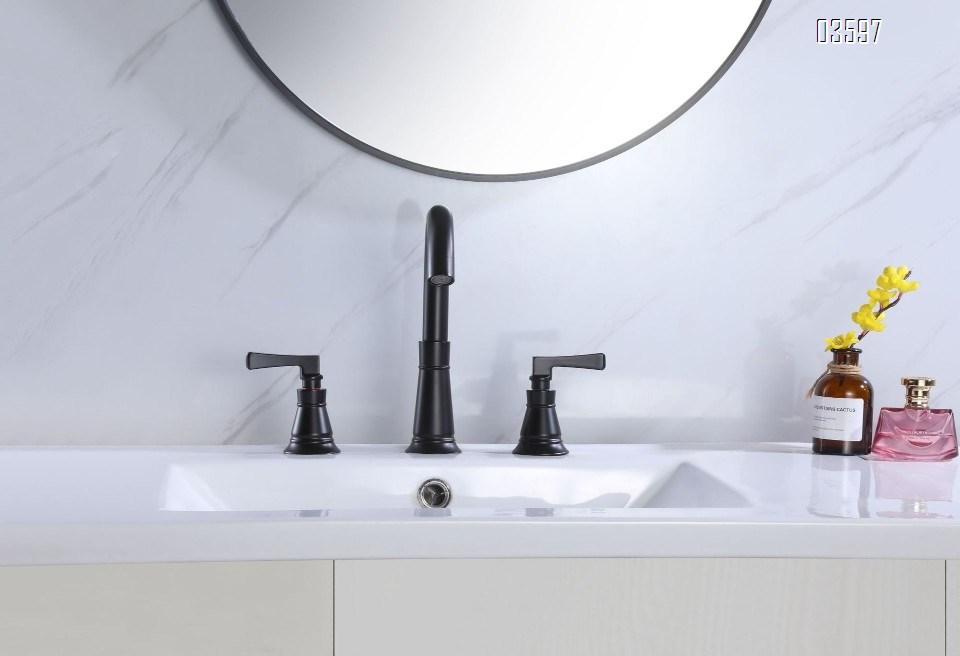 Modern Design Two Handles Black Bathroom Faucet with Supply Hose 3-Hole Basin Faucet with Brass Valve Core for Sink