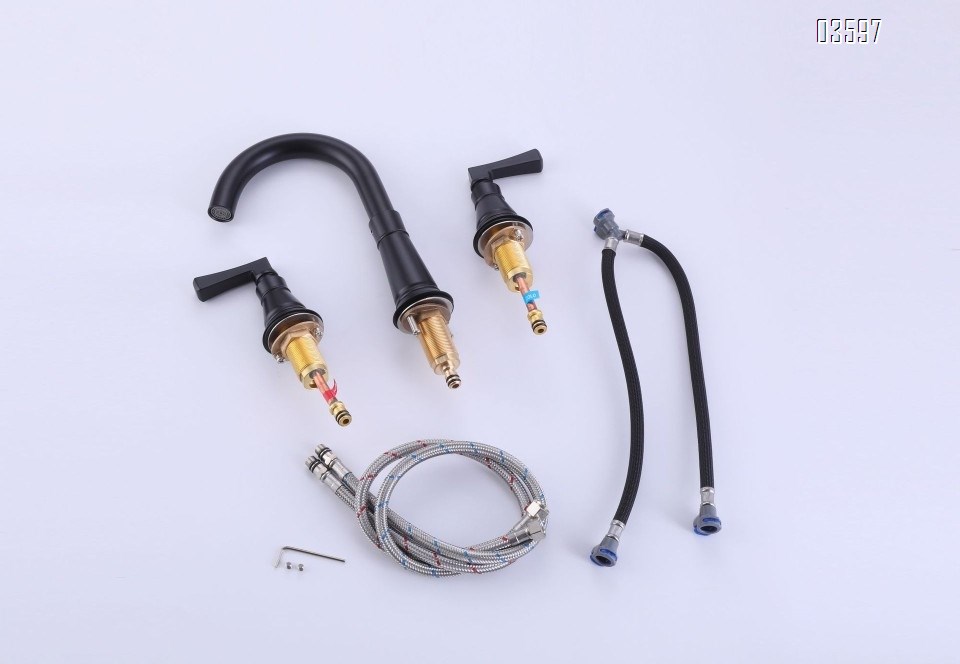 Modern Design Two Handles Black Bathroom Faucet with Supply Hose 3-Hole Basin Faucet with Brass Valve Core for Sink