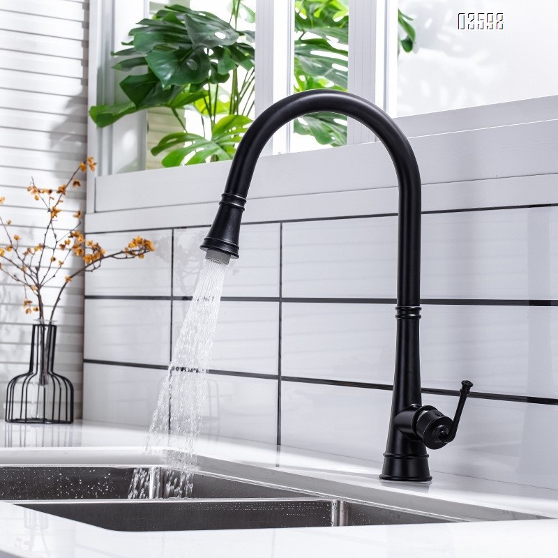 Modern Single-Handle Brass Kitchen Faucet with Pull-Out Sprayer Ceramic Valve Core Water Tap  Mixer Single-Hole