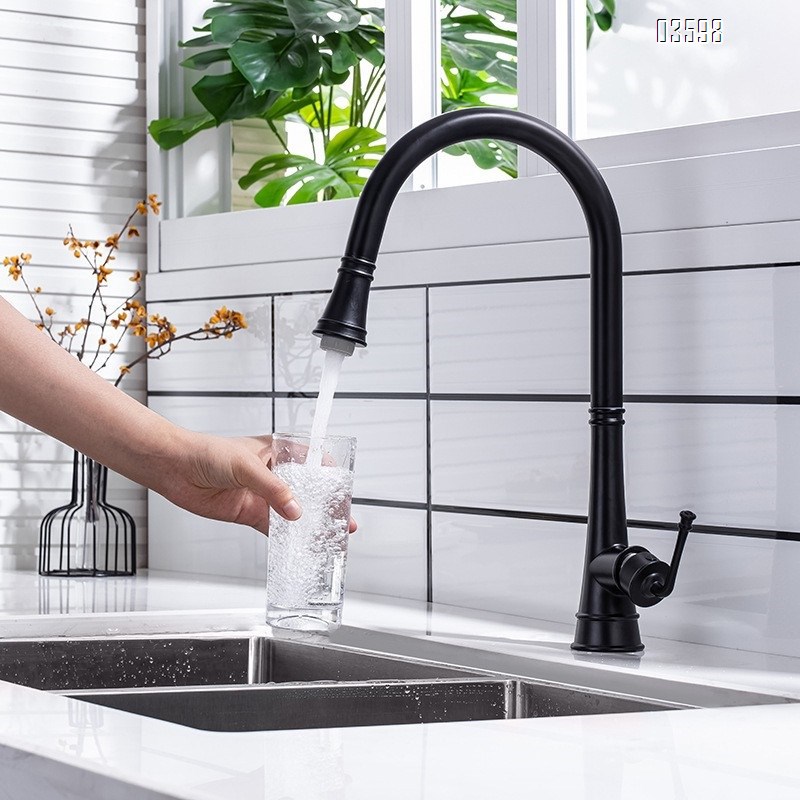 Modern Single-Handle Brass Kitchen Faucet with Pull-Out Sprayer Ceramic Valve Core Water Tap  Mixer Single-Hole