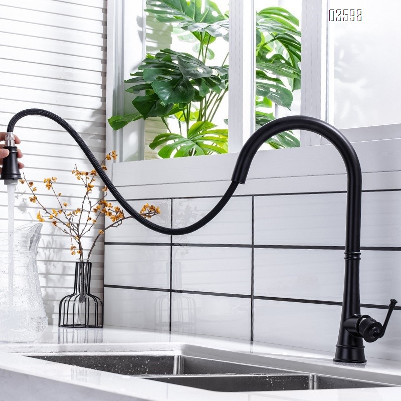 Modern Single-Handle Brass Kitchen Faucet with Pull-Out Sprayer Ceramic Valve Core Water Tap  Mixer Single-Hole