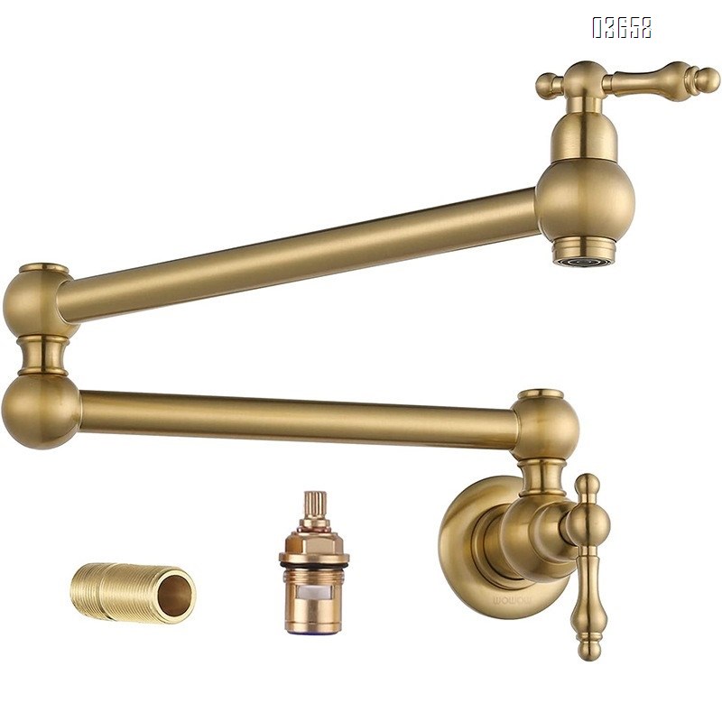 European Style Brushed Gold Pot Filler Faucet Flexible Wall Mounted Folding Kitchen Tap Dual Handle Single Hole Brass Valve Core