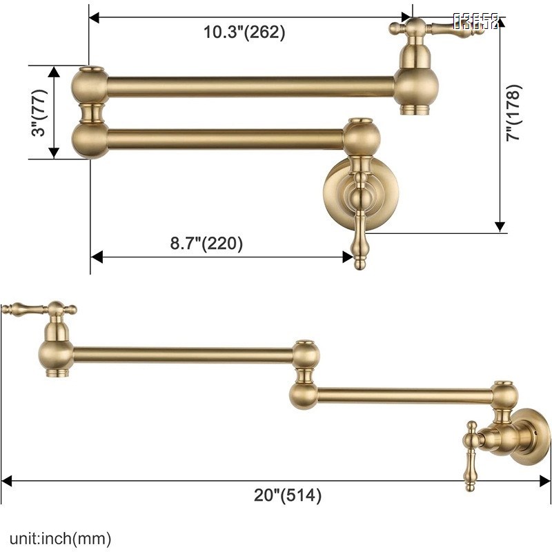 European Style Brushed Gold Pot Filler Faucet Flexible Wall Mounted Folding Kitchen Tap Dual Handle Single Hole Brass Valve Core