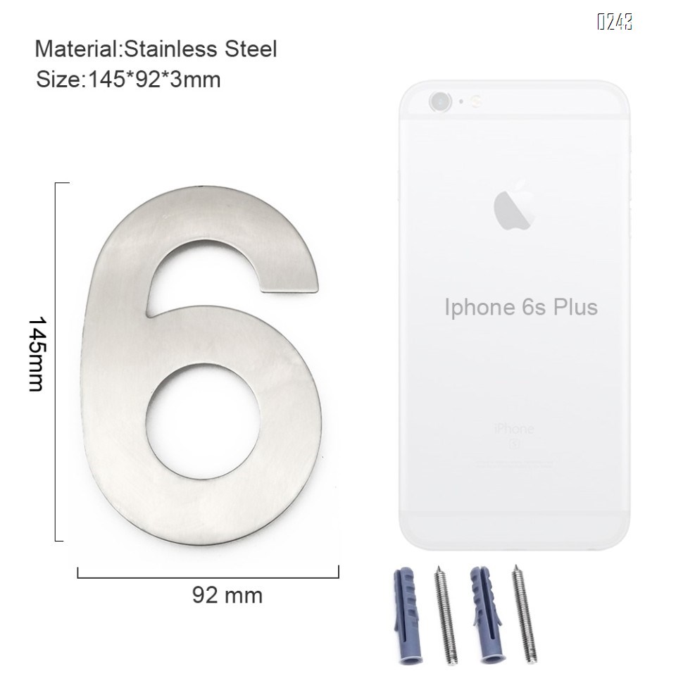 6 inch. Brushed 304 Stainless Steel Large Floating Modern House Numbers 6