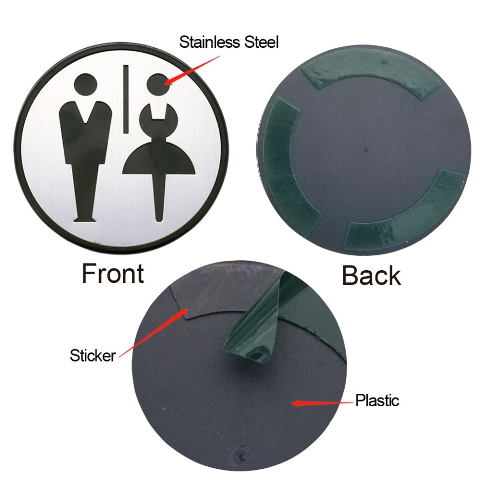 Self Sticker Round Unisex Sign  Restroom, Bathroom Door Sign for Offices, Businesses,Stainless Steel Plus Plastic bathroom signs
