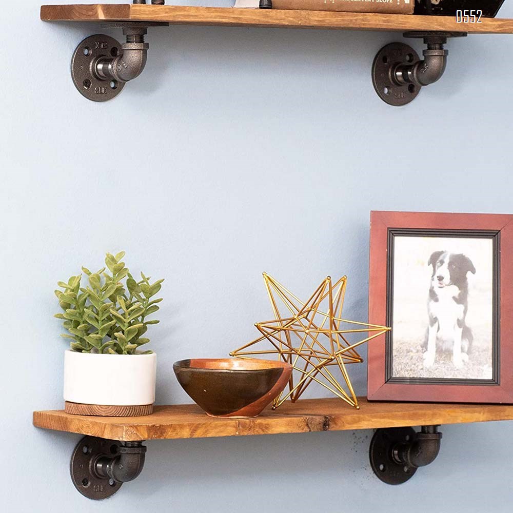Industrial Pipe Shelf Brackets , Authentic Pipe Plumbing Fittings and Pieces, Wall Mounted Double Flange Floating Shelves, Rustic Bracket Set for Vintage Shelving Decor 2.7 Inch