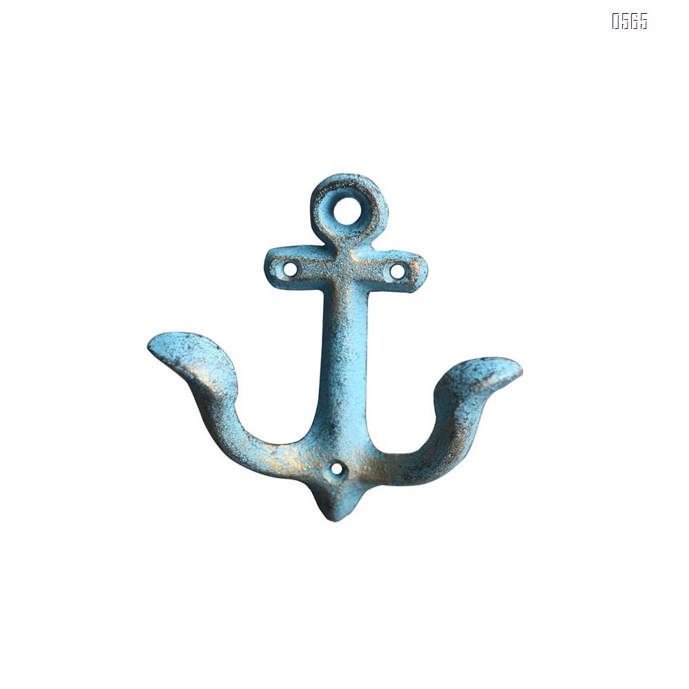 Blue Vintage Rustic Cast Iron Nautical Anchor Design Wall Hooks Coat Hooks Rack, Decorative Wall Mounted Antique Shabby Chic Metal Home Bath Room Towel Coat Hooks Hanger
