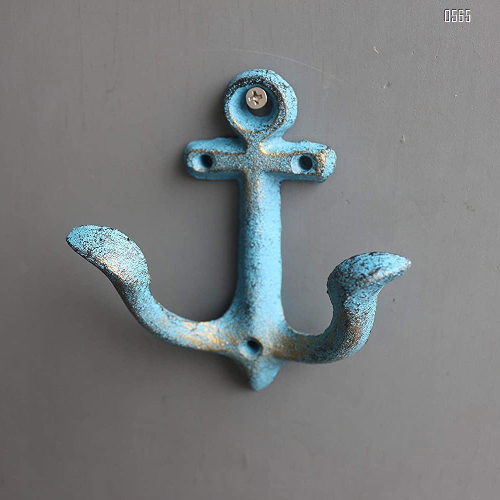 Blue Vintage Rustic Cast Iron Nautical Anchor Design Wall Hooks Coat Hooks Rack, Decorative Wall Mounted Antique Shabby Chic Metal Home Bath Room Towel Coat Hooks Hanger