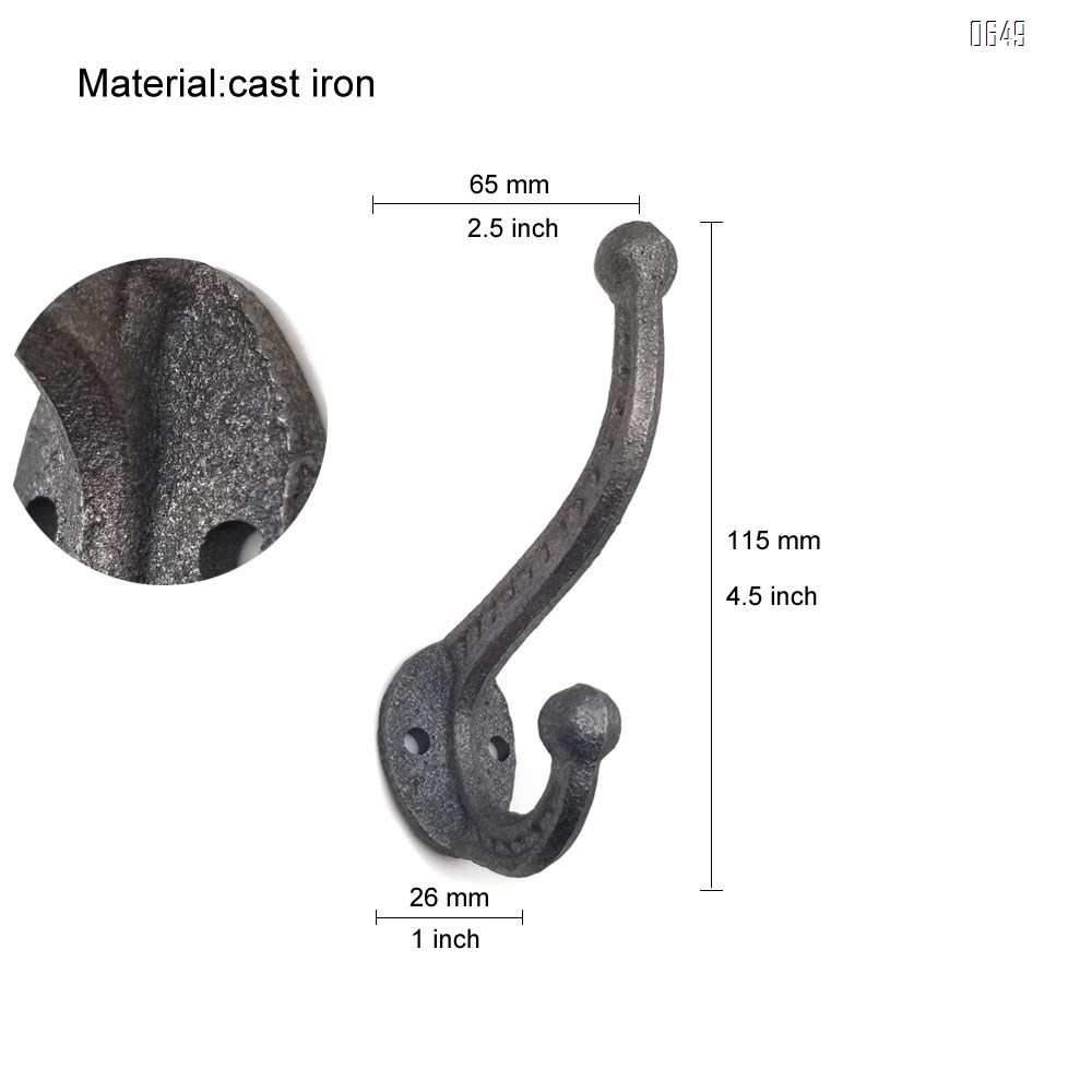 Cast iron heavy coat hook, rusty oversized heavy coat hook, used for hanging coat double hook, wall-mounted, with screws and anchors, used for towels, keys, bags, hats, scarves, cups