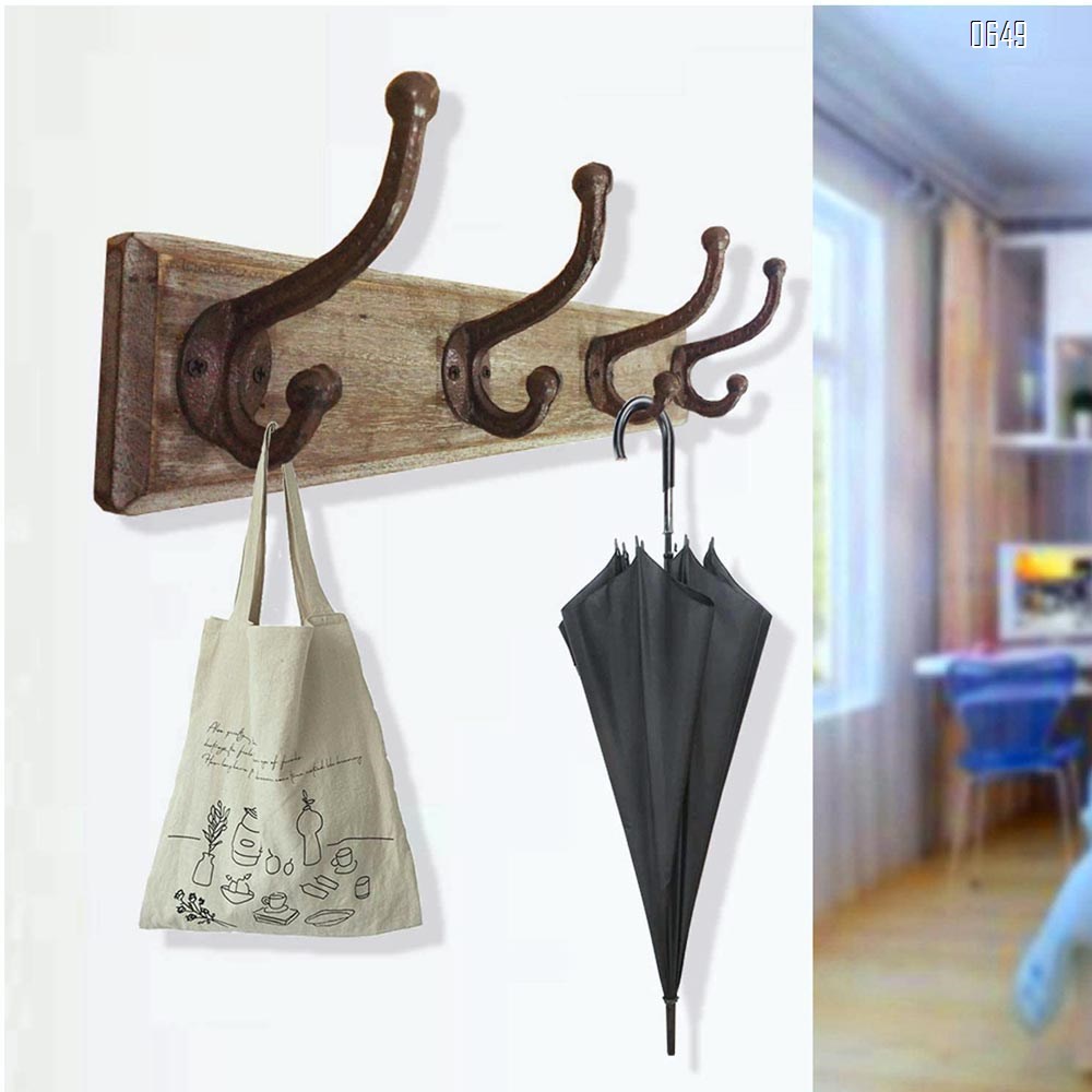 Cast iron heavy coat hook, rusty oversized heavy coat hook, used for hanging coat double hook, wall-mounted, with screws and anchors, used for towels, keys, bags, hats, scarves, cups