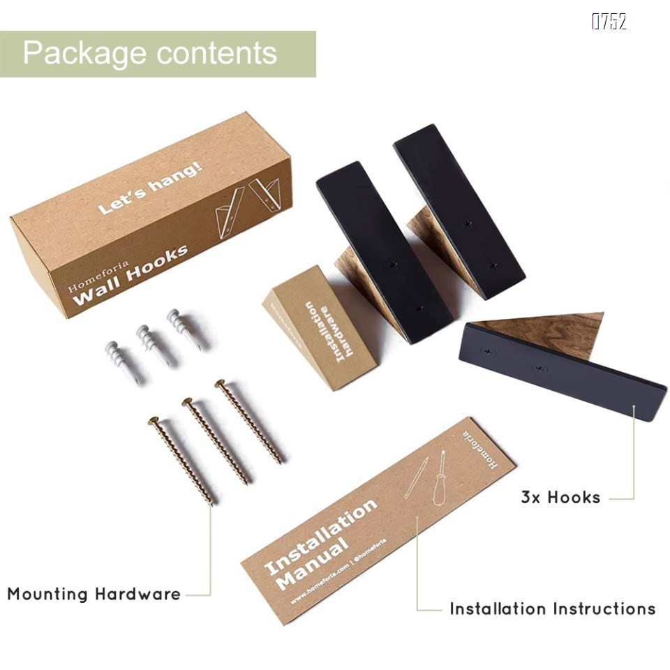 Wall Coat Hook Rack  - Beech Wood Gold and Black Metal Hooks for Hanging Coats - Hat Hooks for Wall - Decorative Wall Hooks - Hat Hangers for Wall